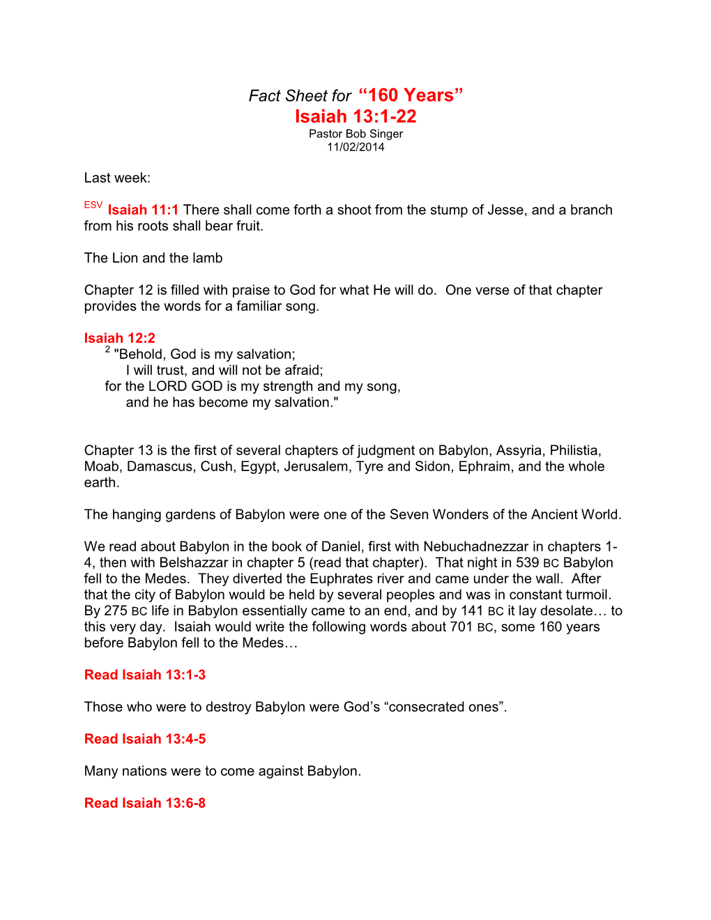 Isaiah 13:1-22 Pastor Bob Singer 11/02/2014