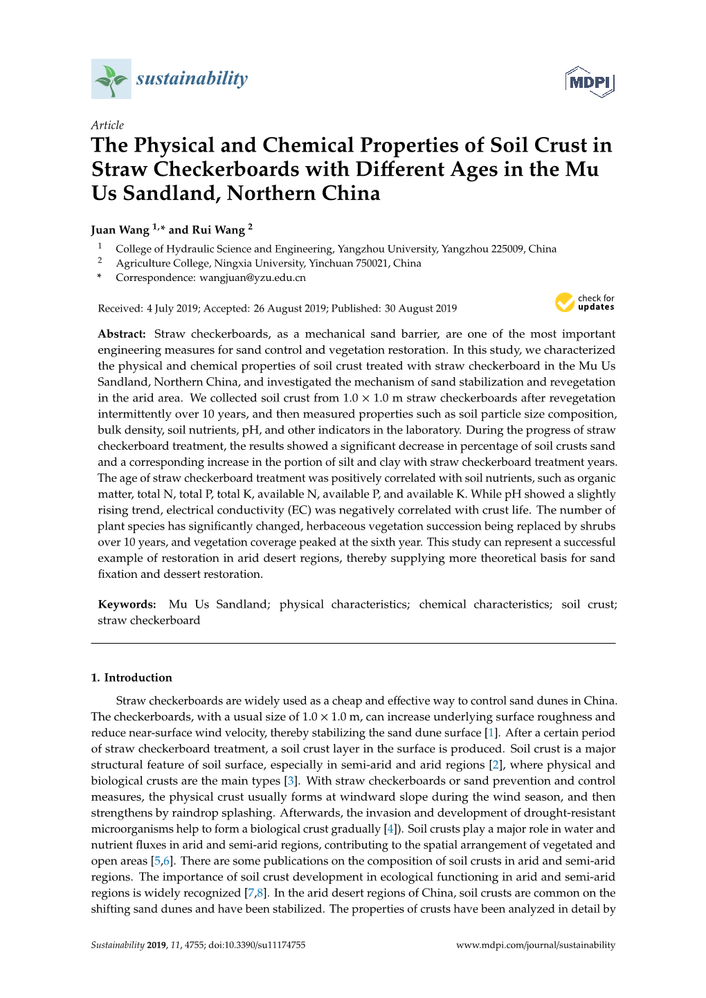 The Physical and Chemical Properties of Soil Crust in Straw Checkerboards with Diﬀerent Ages in the Mu Us Sandland, Northern China