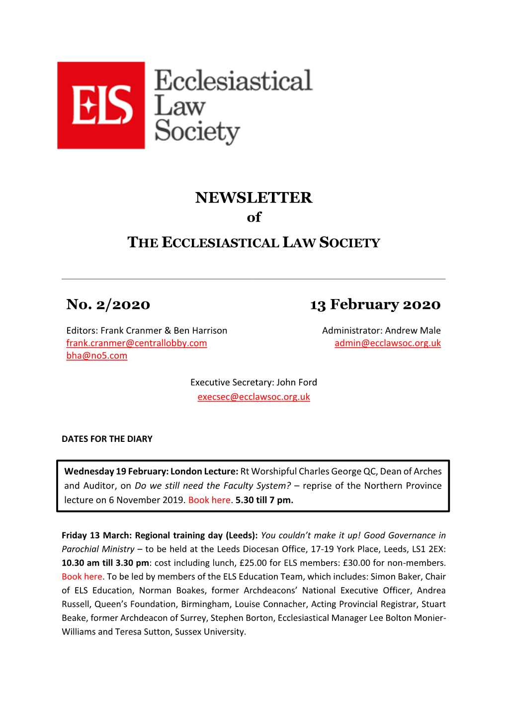 NEWSLETTER of the ECCLESIASTICAL LAW SOCIETY