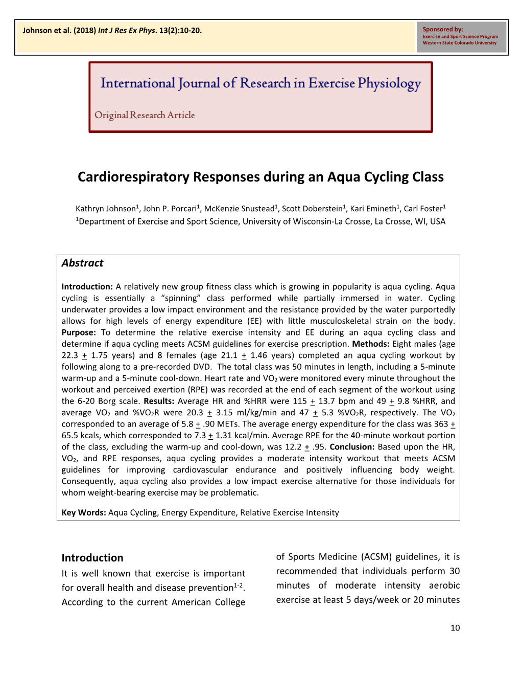 [Year] Cardiorespiratory Responses During an Aqua Cycling Class