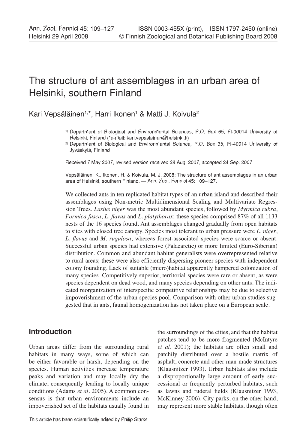 The Structure of Ant Assemblages in an Urban Area of Helsinki, Southern Finland