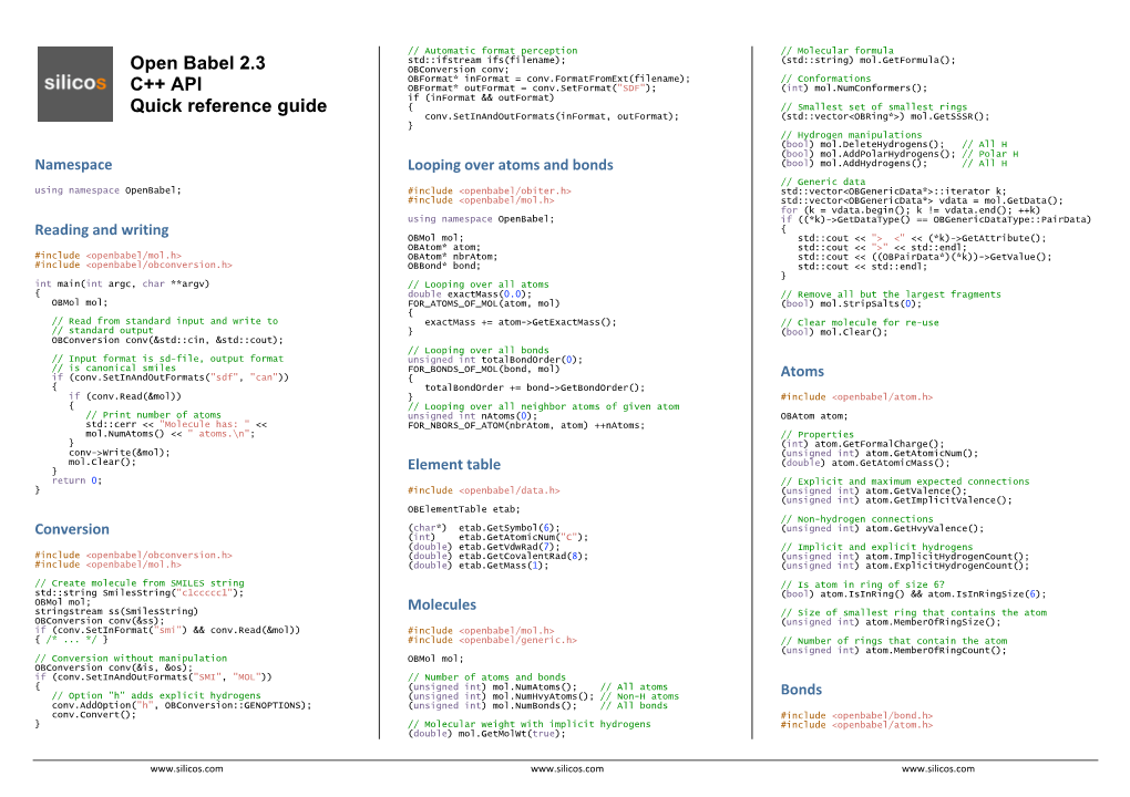 Open Babel 2.3 C++ API Quick Reference Guide