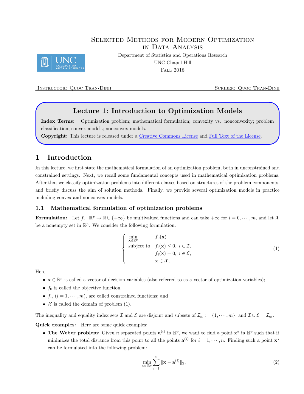 Selected Methods for Modern Optimization in Data Analysis Department of Statistics and Operations Research UNC-Chapel Hill Fall 2018