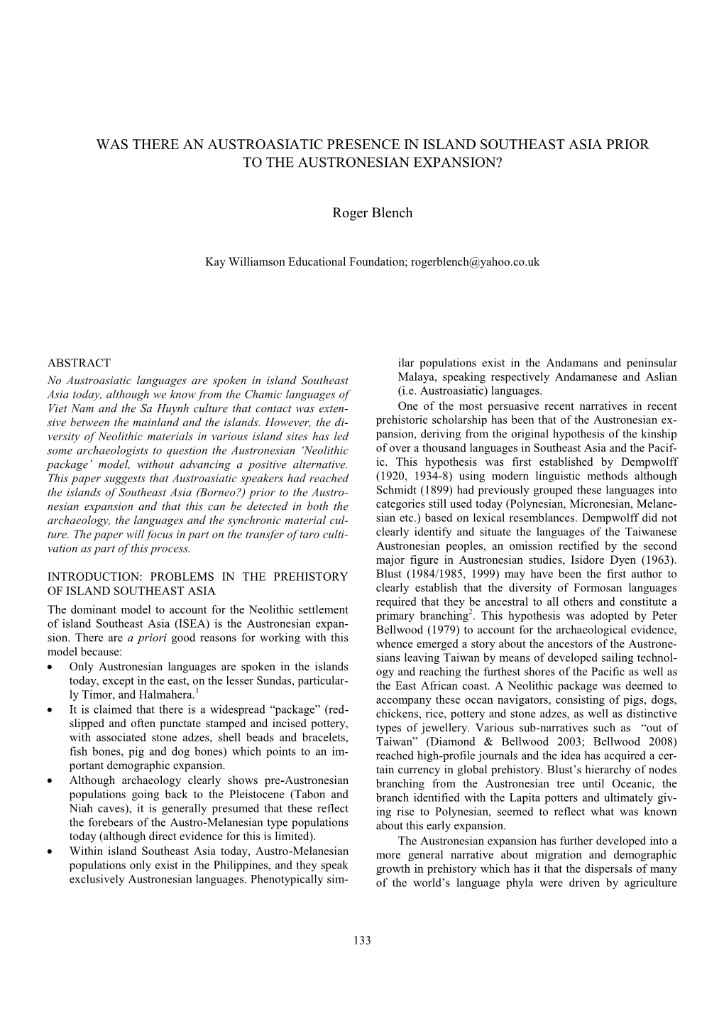 Was There an Austroasiatic Presence in Island Southeast Asia Prior to the Austronesian Expansion?