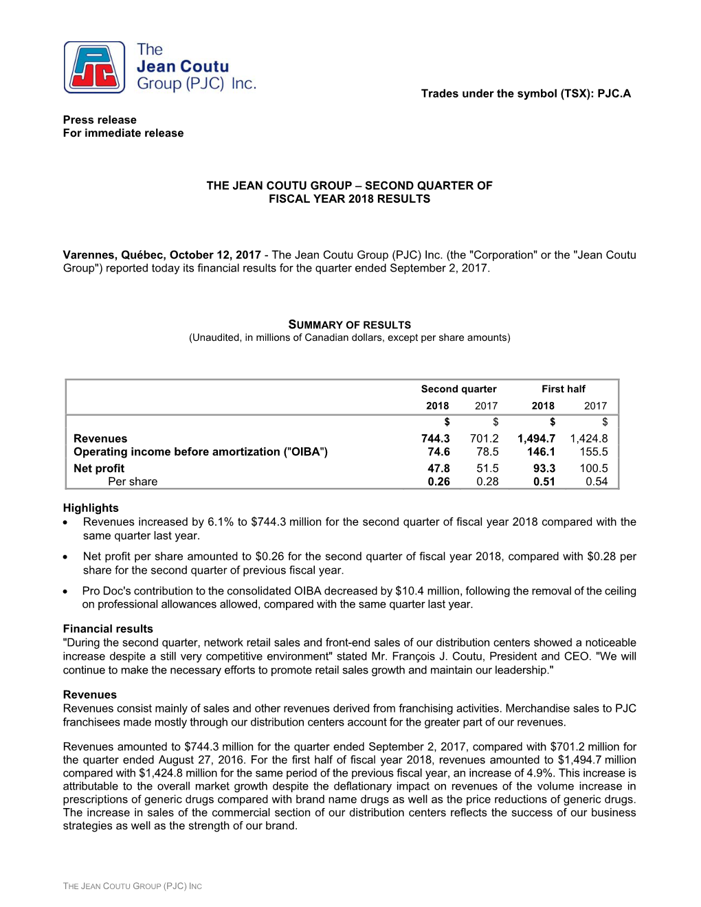 Press Release Q2 2018