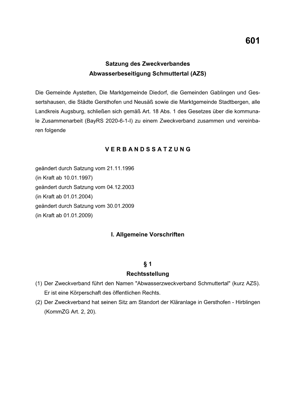 Satzung Des Zweckverbandes Abwasserbeseitigung Schmuttertal (AZS)