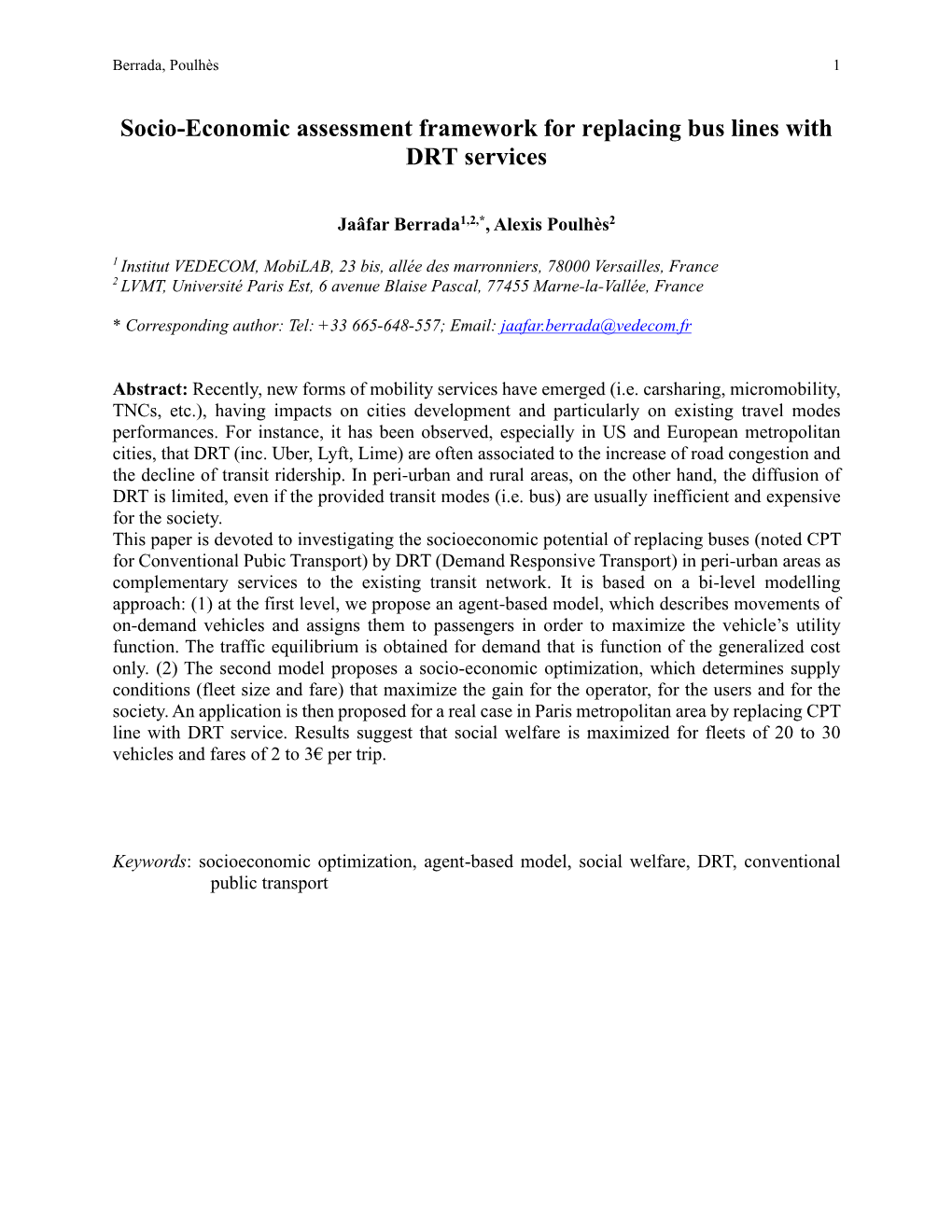 Socio-Economic Assessment Framework for Replacing Bus Lines with DRT Services