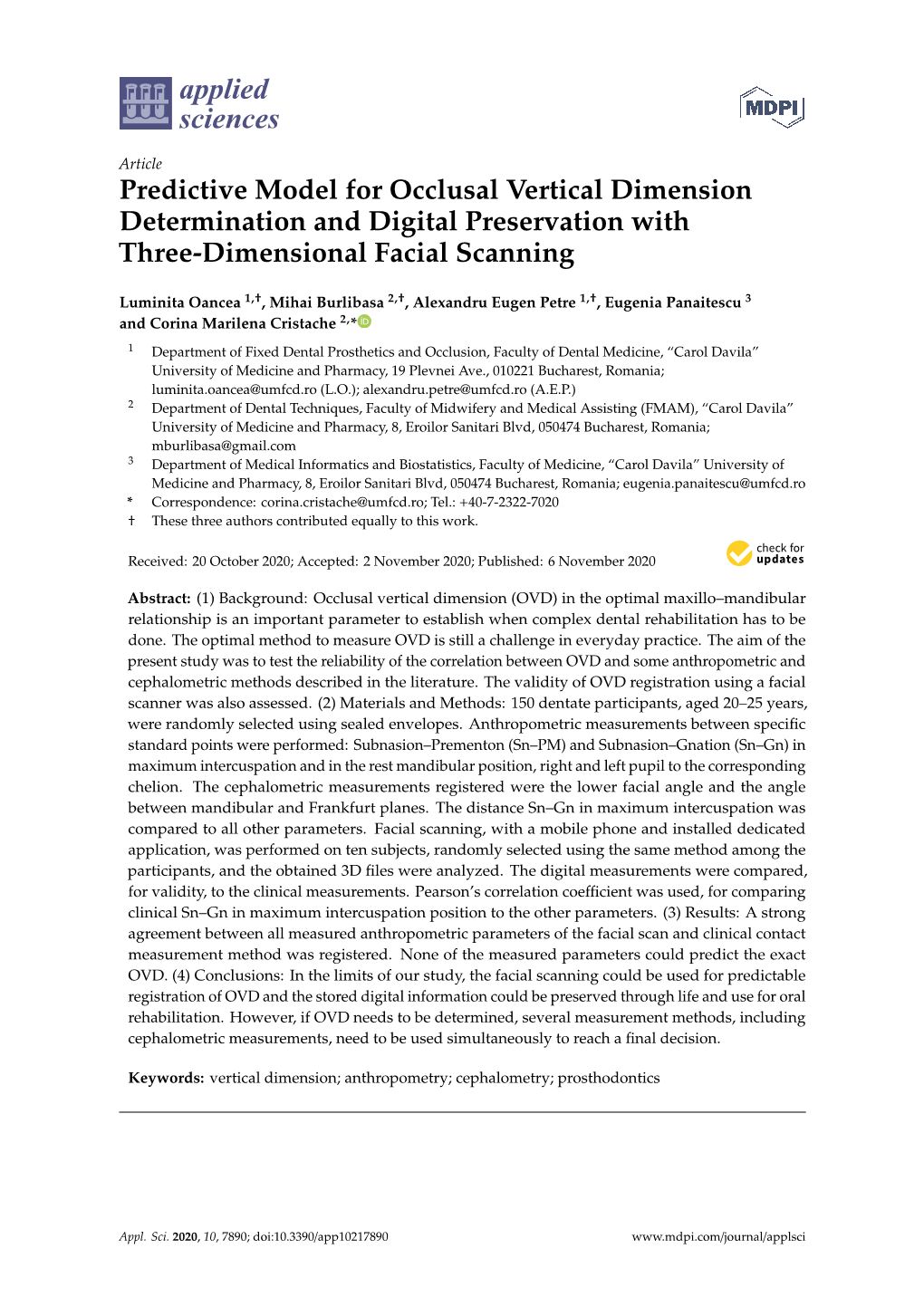 Predictive Model for Occlusal Vertical Dimension Determination and Digital Preservation with Three-Dimensional Facial Scanning