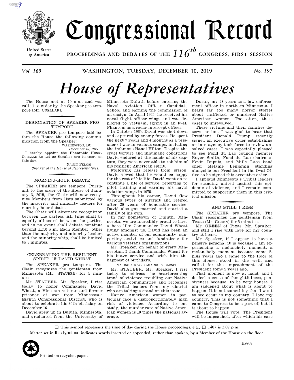 Congressional Record United States Th of America PROCEEDINGS and DEBATES of the 116 CONGRESS, FIRST SESSION