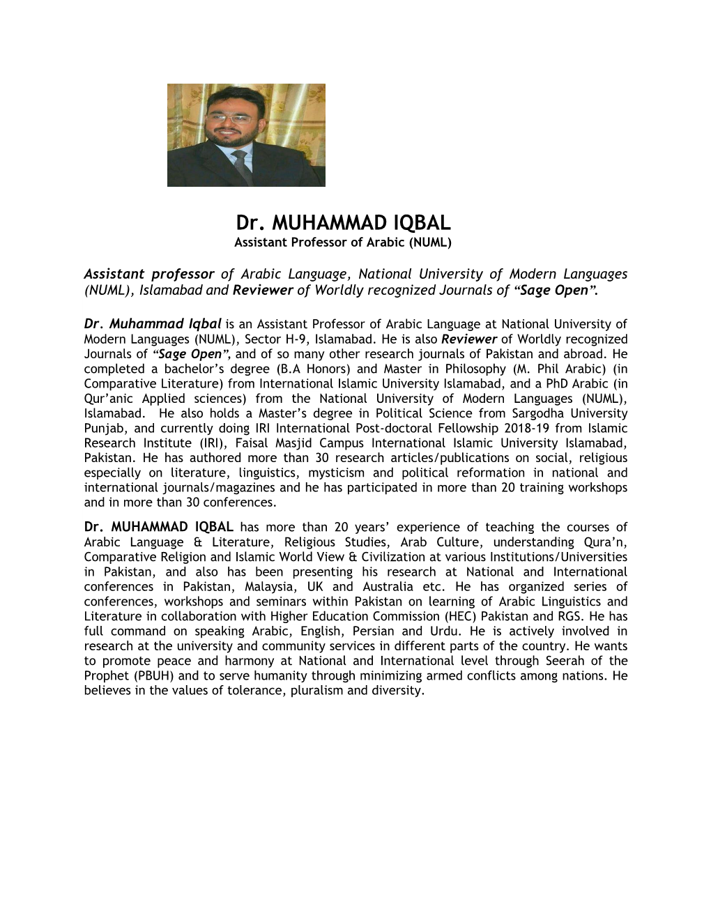 Dr. MUHAMMAD IQBAL Assistant Professor of Arabic (NUML)