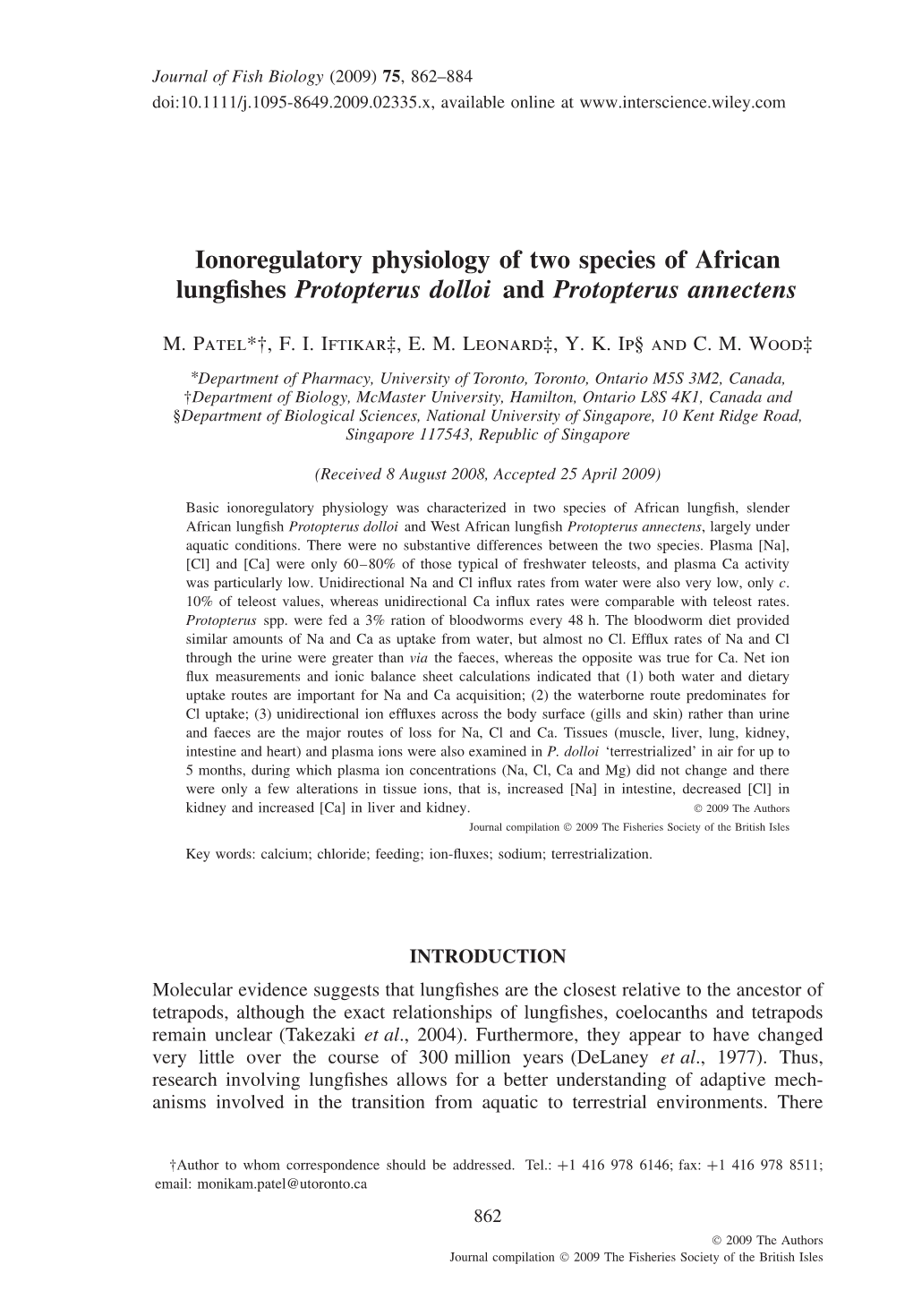 Ionoregulatory Physiology of Two Species of African Lungfishes