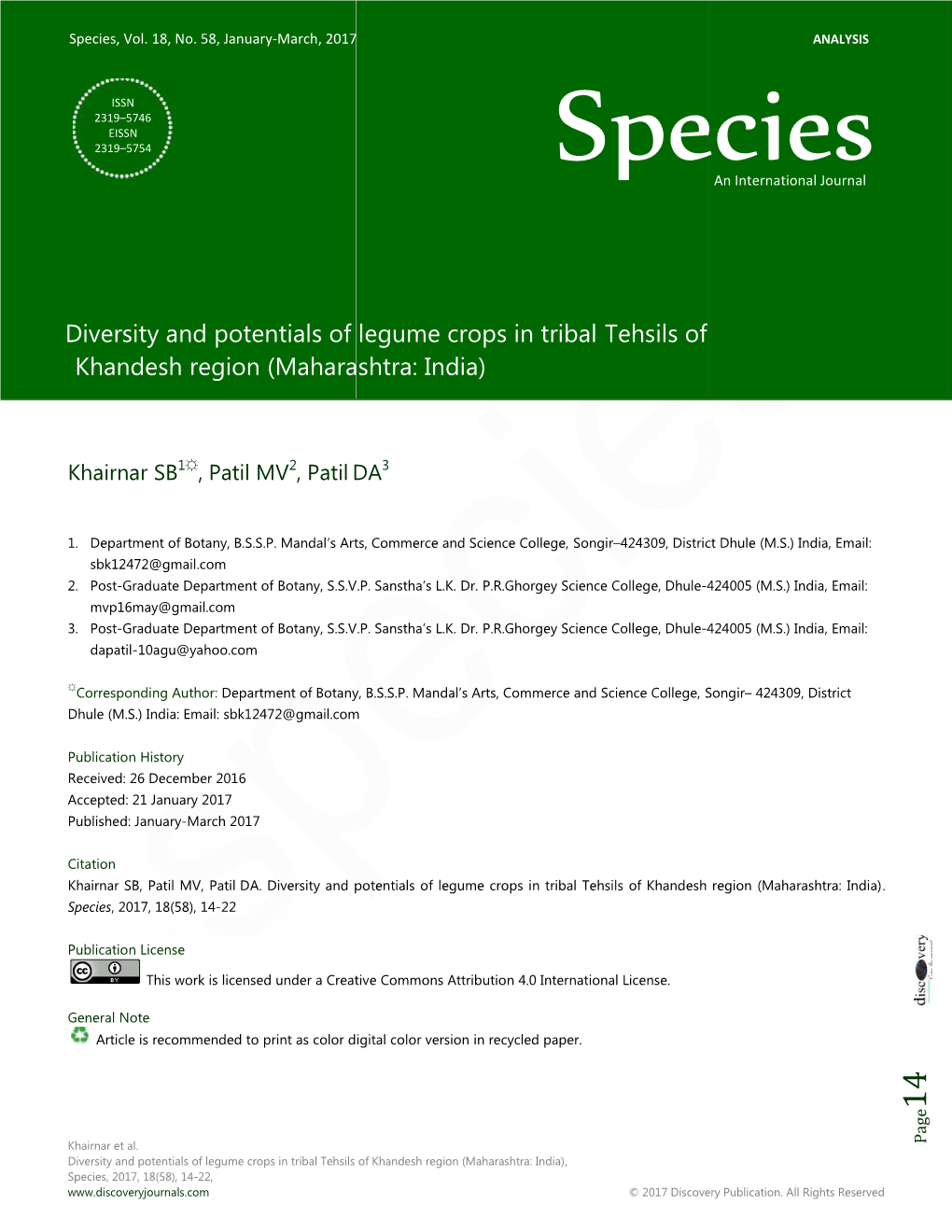 Diversity and Potentials of Legume Crop Khandesh Region