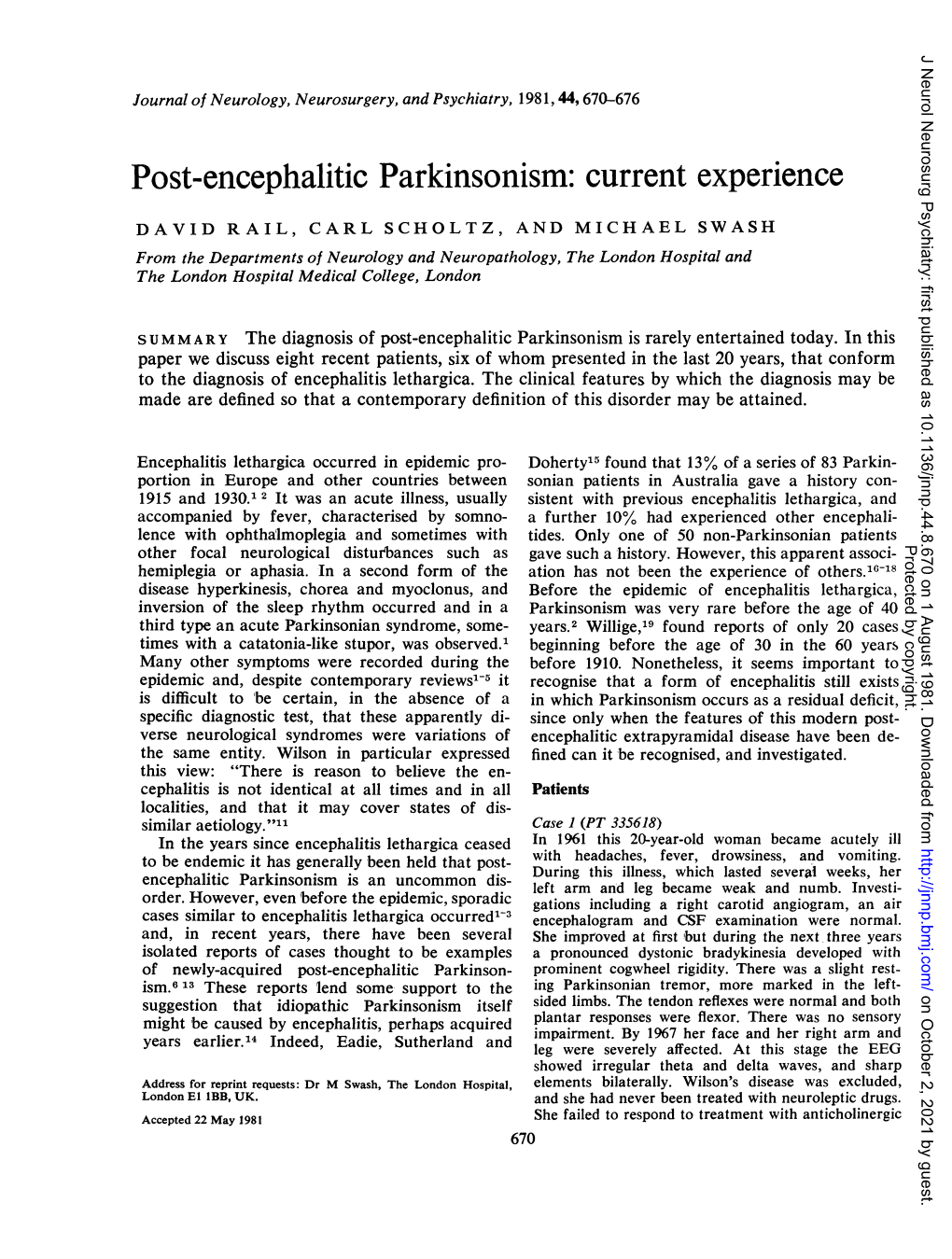 Post-Encephalitic Parkinsonism: Current Experience