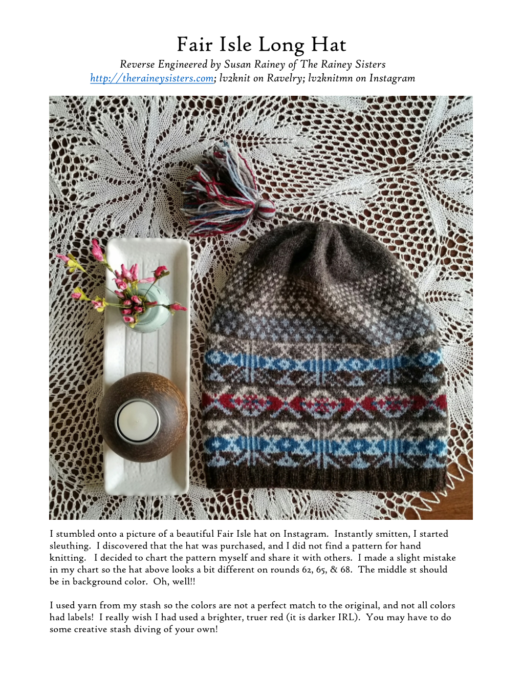 Fair Isle Long Hat Reverse Engineered by Susan Rainey of the Rainey Sisters Lv2knit on Ravelry; Lv2knitmn on Instagram
