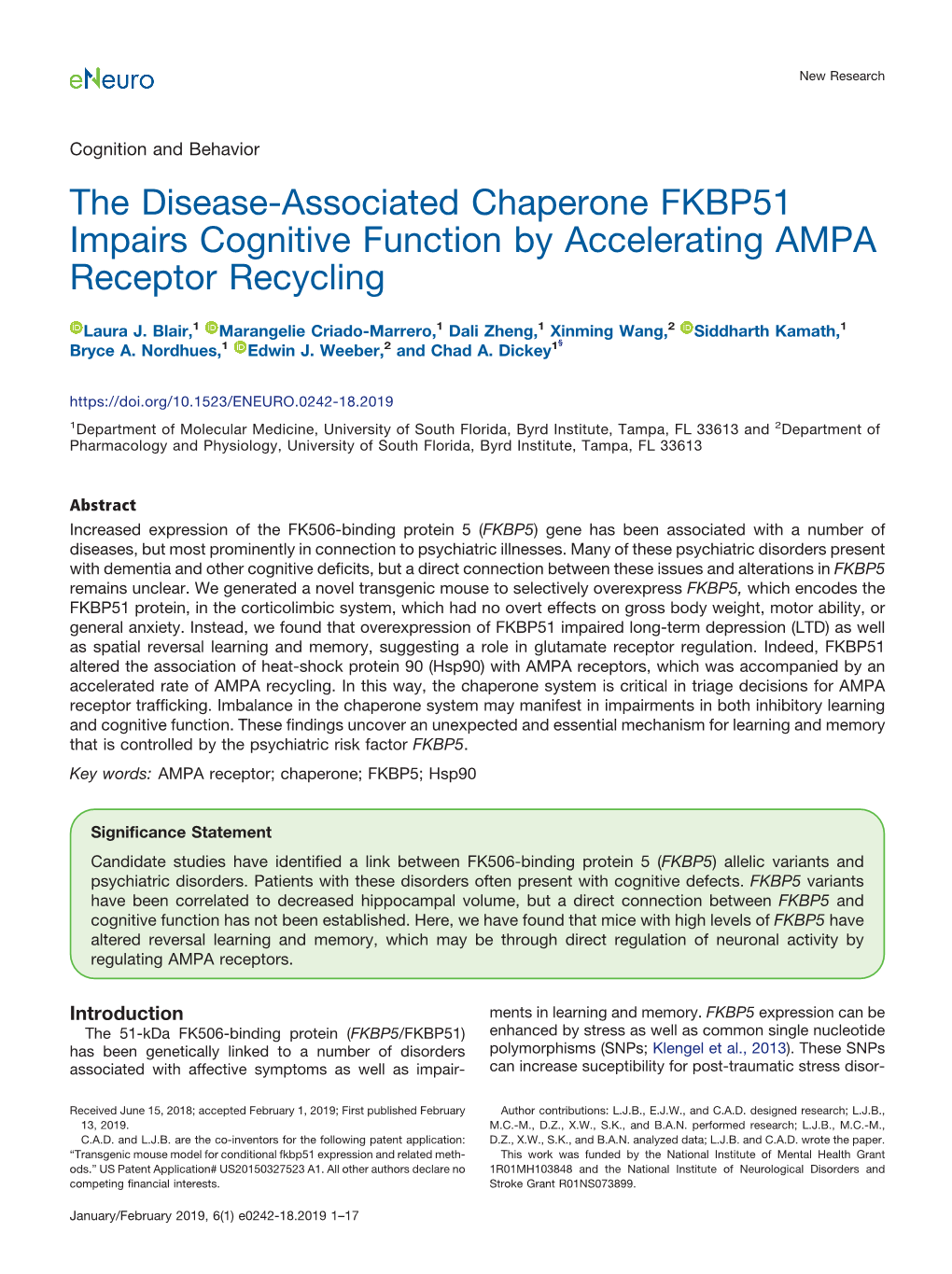 The Disease-Associated Chaperone FKBP51 Impairs Cognitive Function by Accelerating AMPA Receptor Recycling