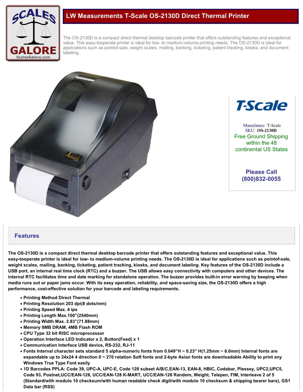 LW Measurements T-Scale OS-2130D Direct Thermal Printer