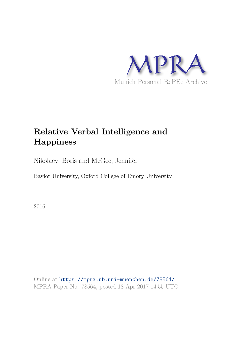 Relative Verbal Intelligence and Happiness