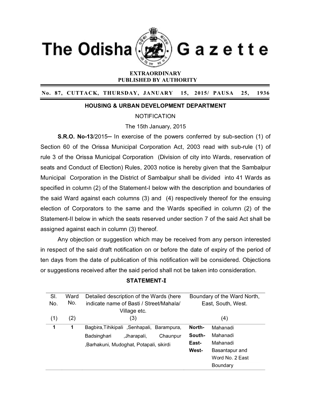 S.R.O. No-13/2015 in Exercise of the Powers Conferred by Sub-Section (1