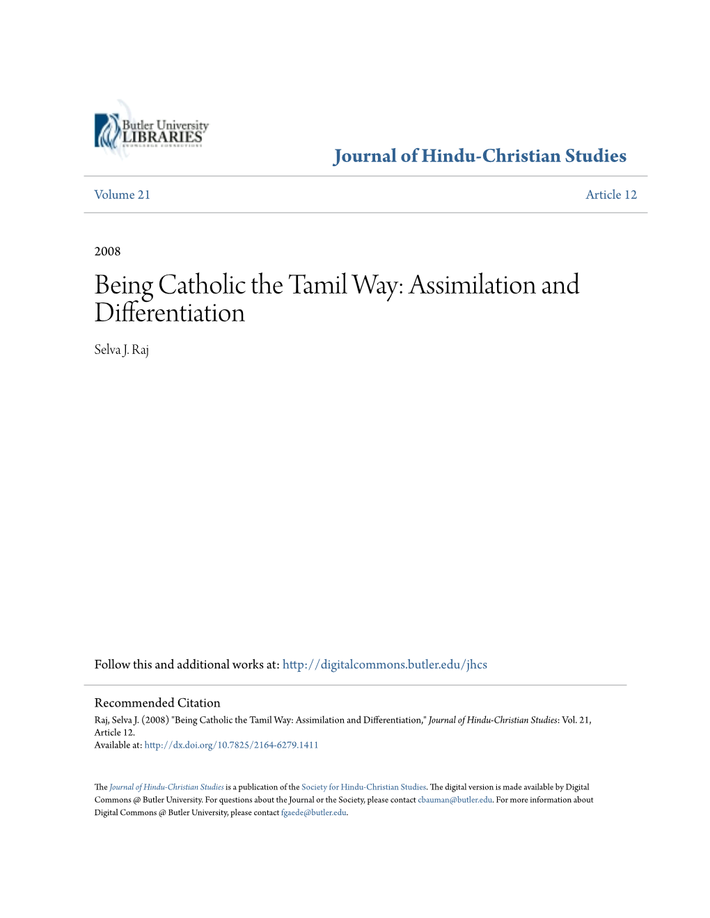 Being Catholic the Tamil Way: Assimilation and Differentiation Selva J