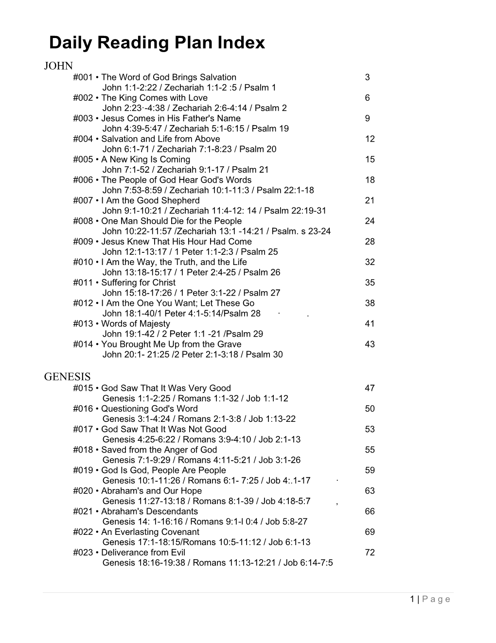 Daily Reading Plan Index