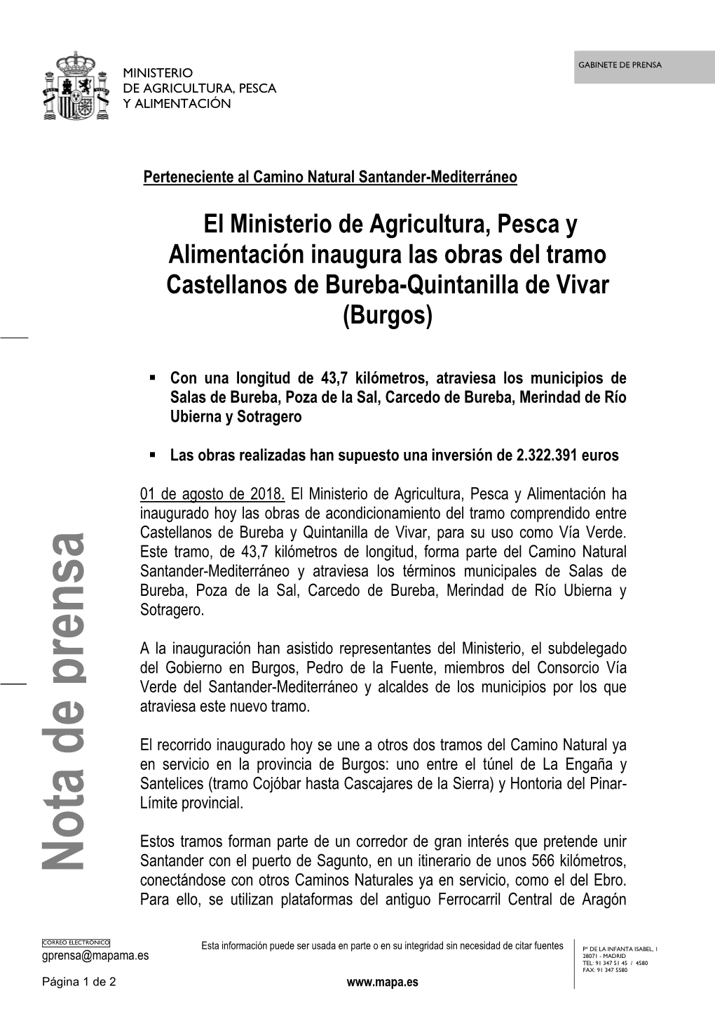 Nota De Prensa Conectándose Con Otros Caminos Naturales Ya En Servicio, Como El Del Ebro