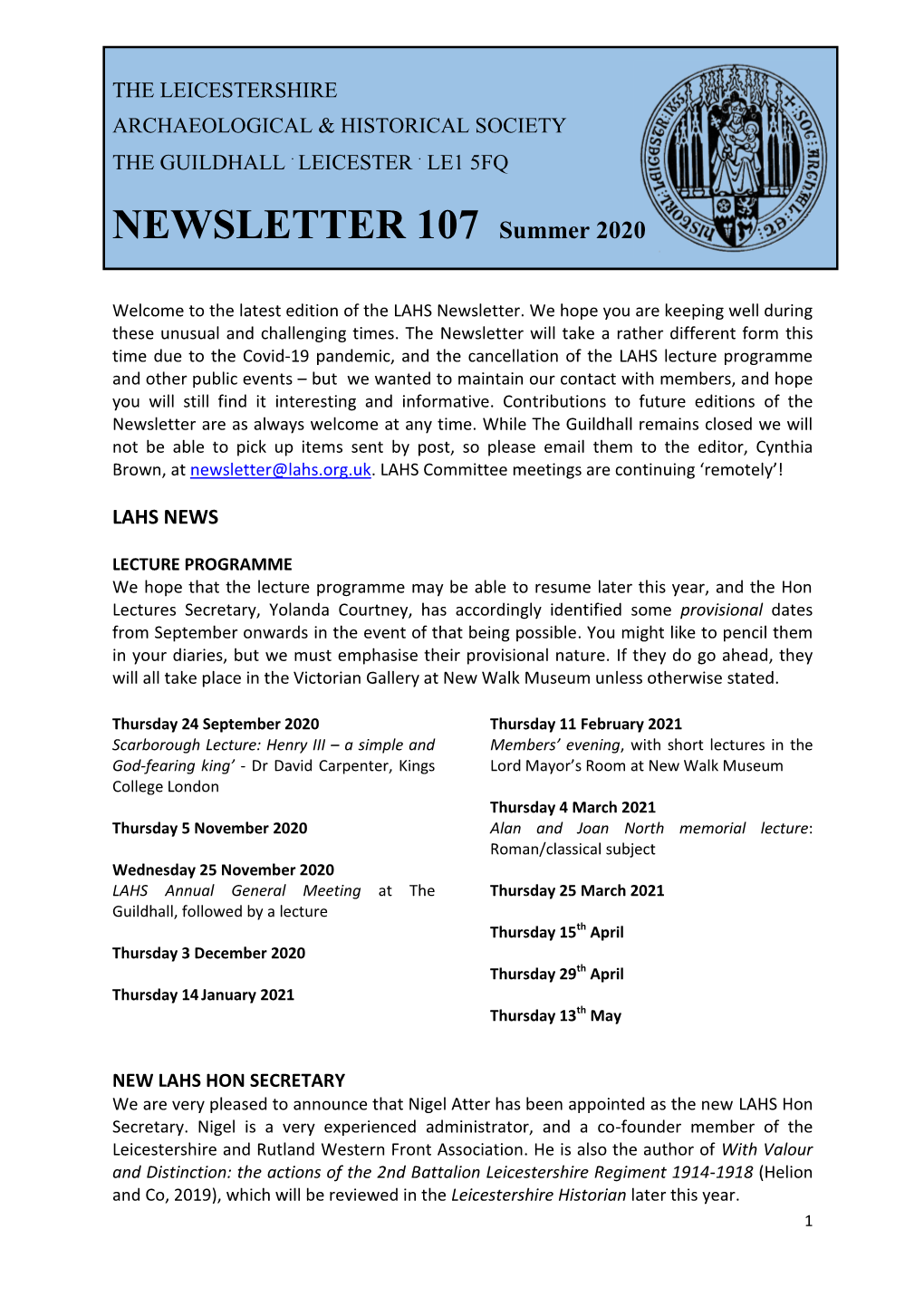 NEWSLETTER 107 Summer 2020