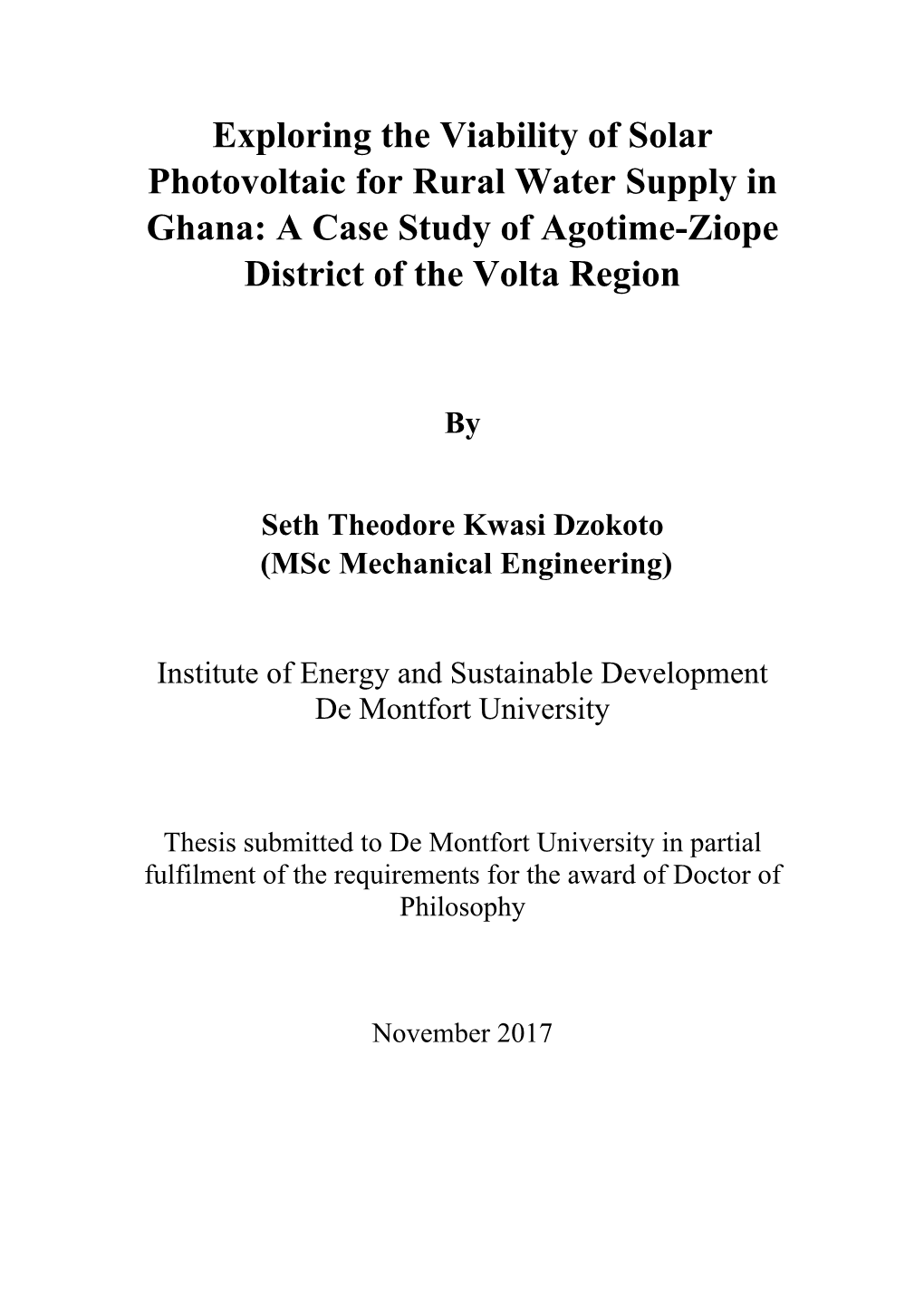 Exploring the Viability of Solar Photovoltaic for Rural Water Supply in Ghana: a Case Study of Agotime-Ziope District of the Volta Region
