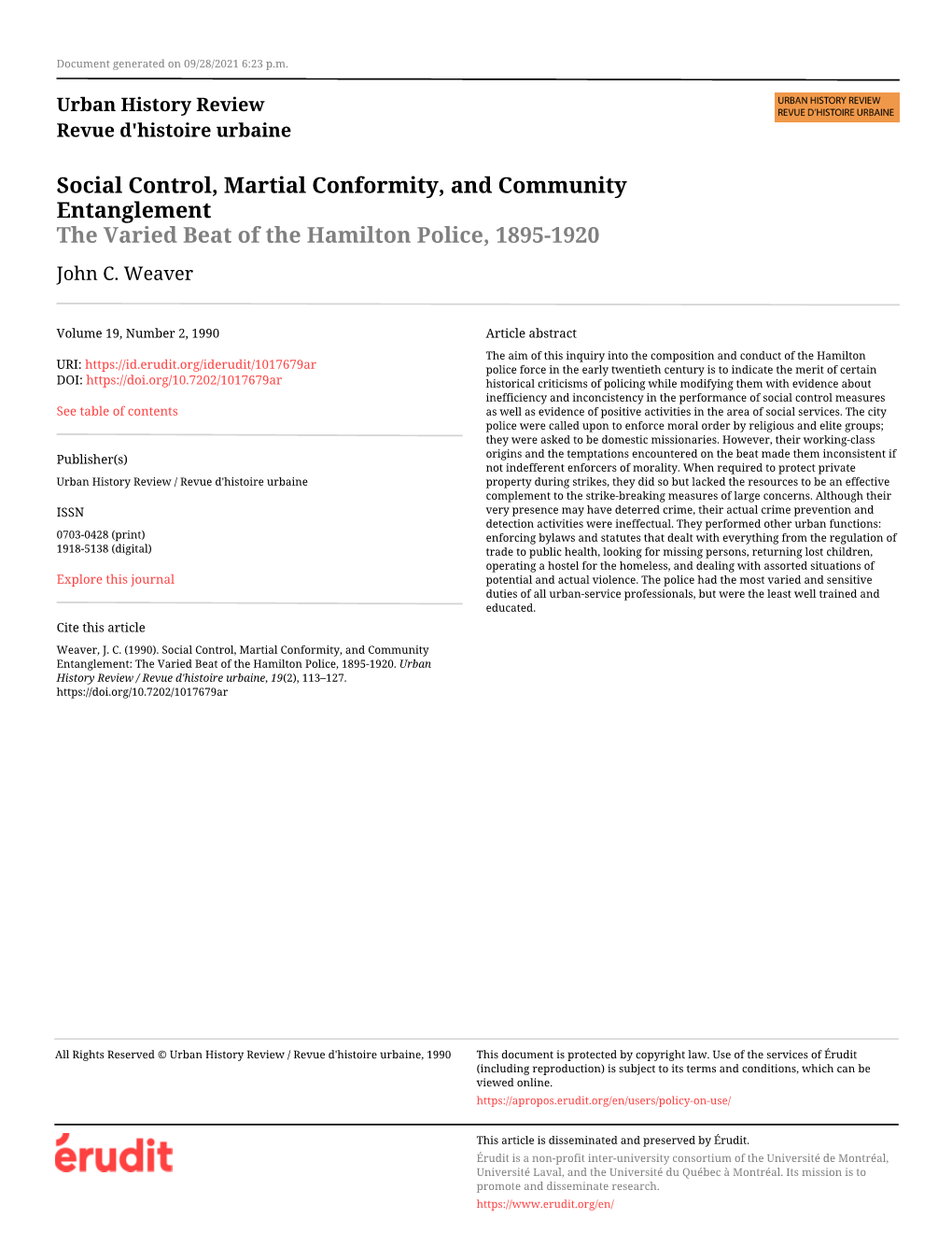 Social Control, Martial Conformity, and Community Entanglement: the Varied Beat of the Hamilton Police, 1895-1920