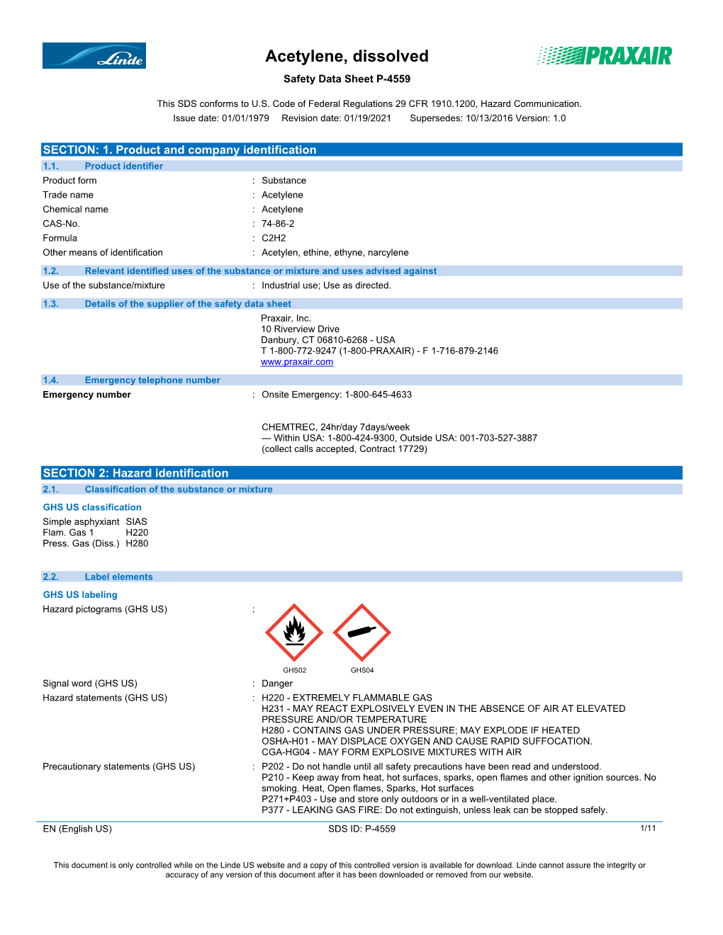 Acetylene Gas Safety Data Sheet