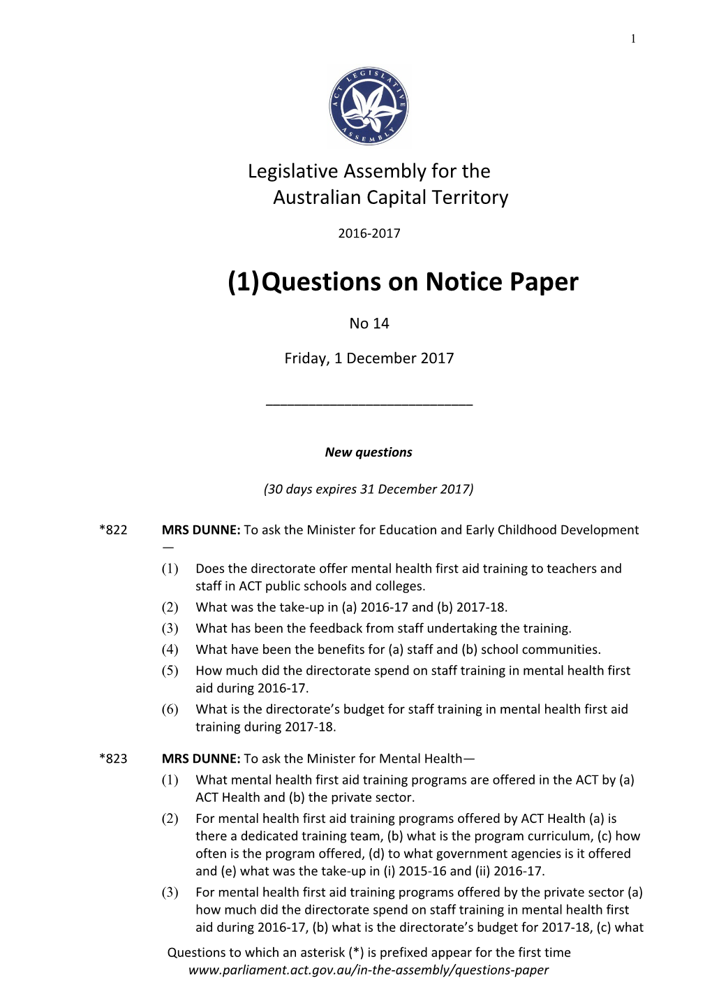 Legislative Assembly for Theaustralian Capital Territory