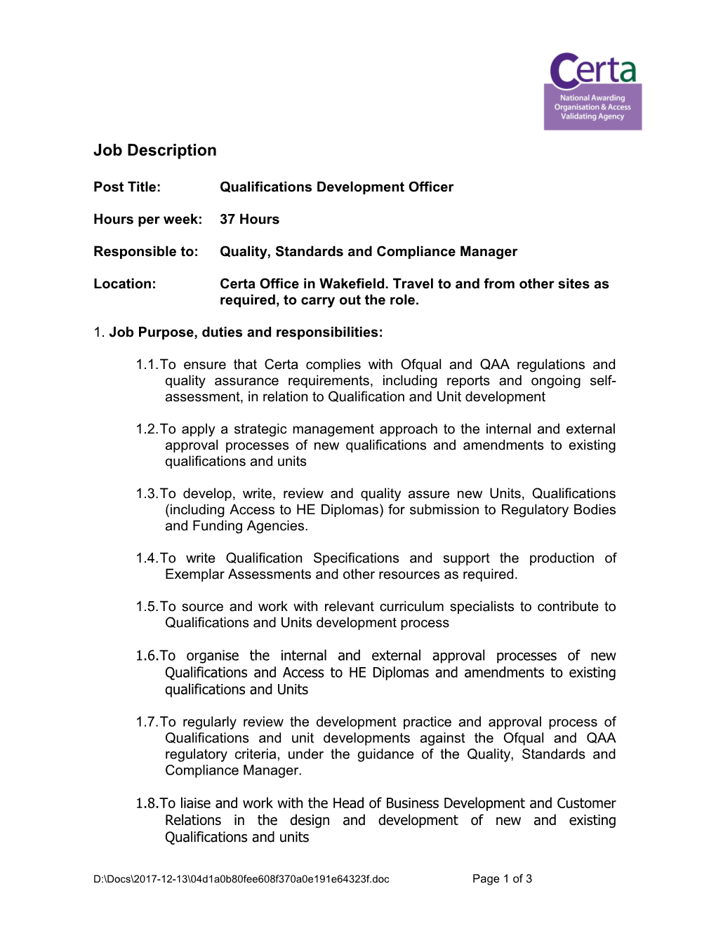 Post Title: Qualifications Development Officer