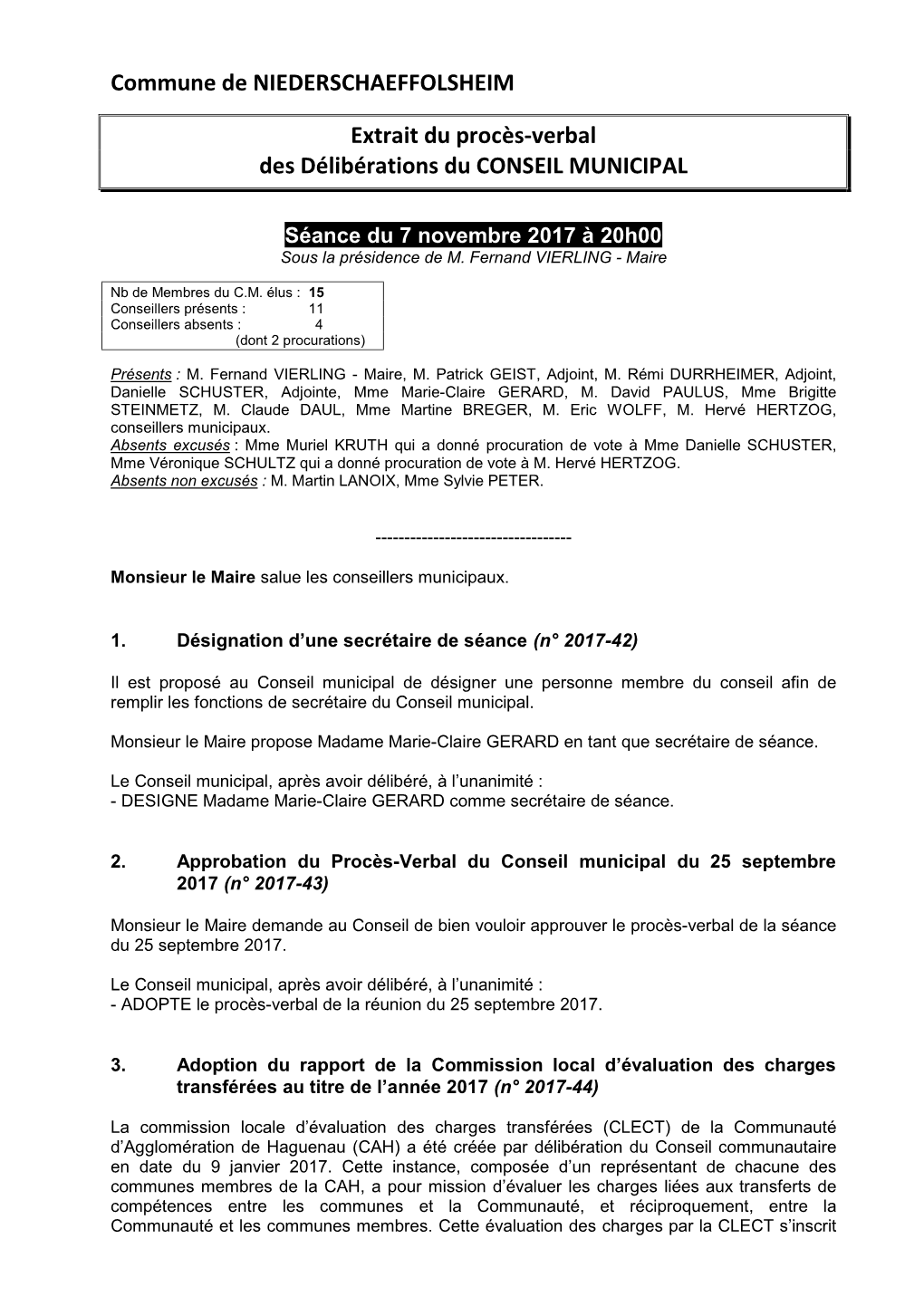 Procès-Verbal Des Délibérations Du CONSEIL MUNICIPAL