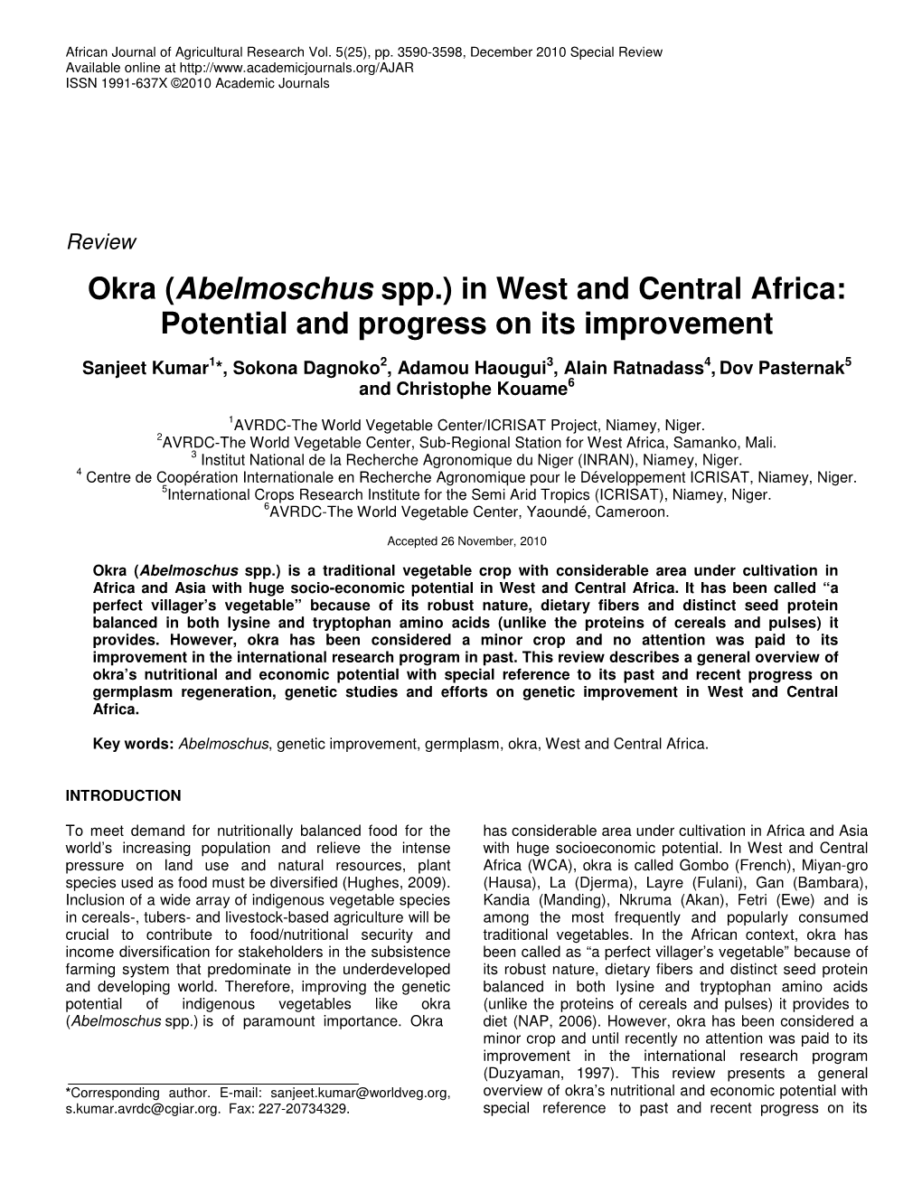 Okra (Abelmoschus Spp.) in West and Central Africa: Potential and Progress on Its Improvement