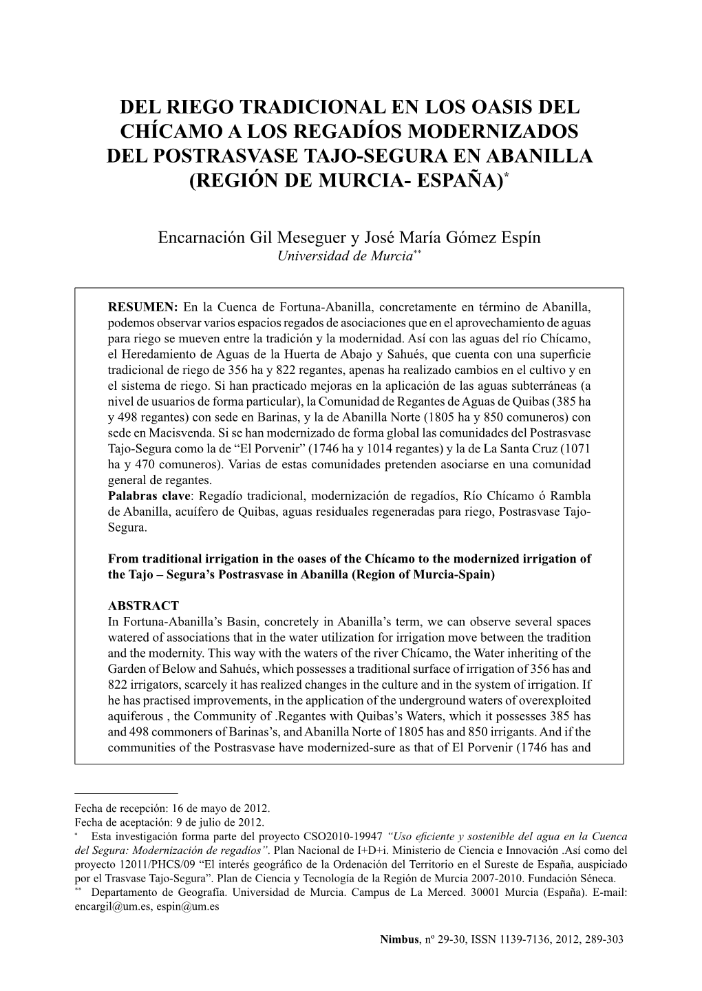 Del Riego Tradicional En Los Oasis Del Chícamo a Los Regadíos Modernizados Del Postrasvase Tajo-Segura En Abanilla (Región De Murcia- España)*