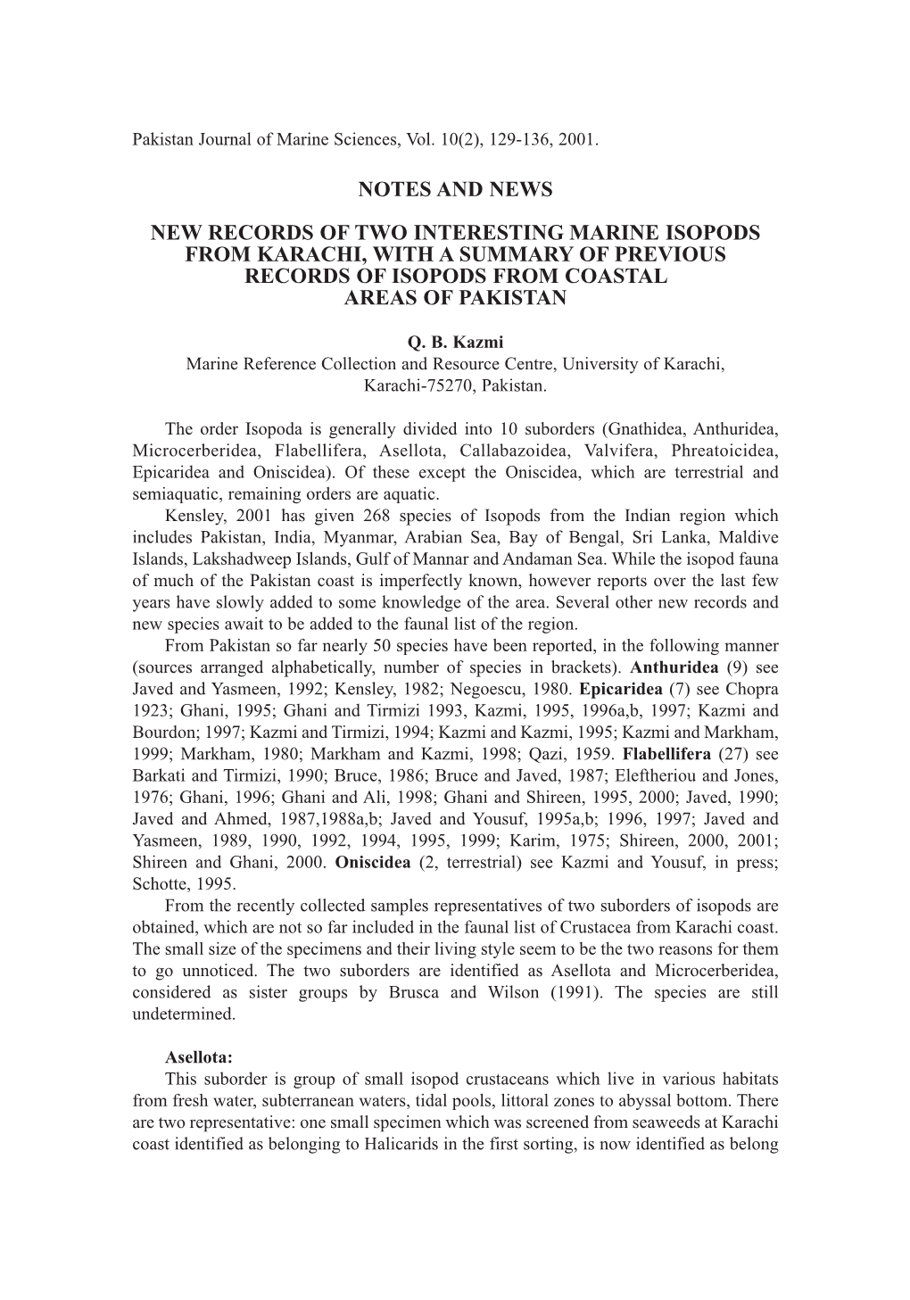 Notes and News New Records of Two Interesting Marine Isopods from Karachi, with a Summary of Previous Records of Isopods from Coastal Areas of Pakistan