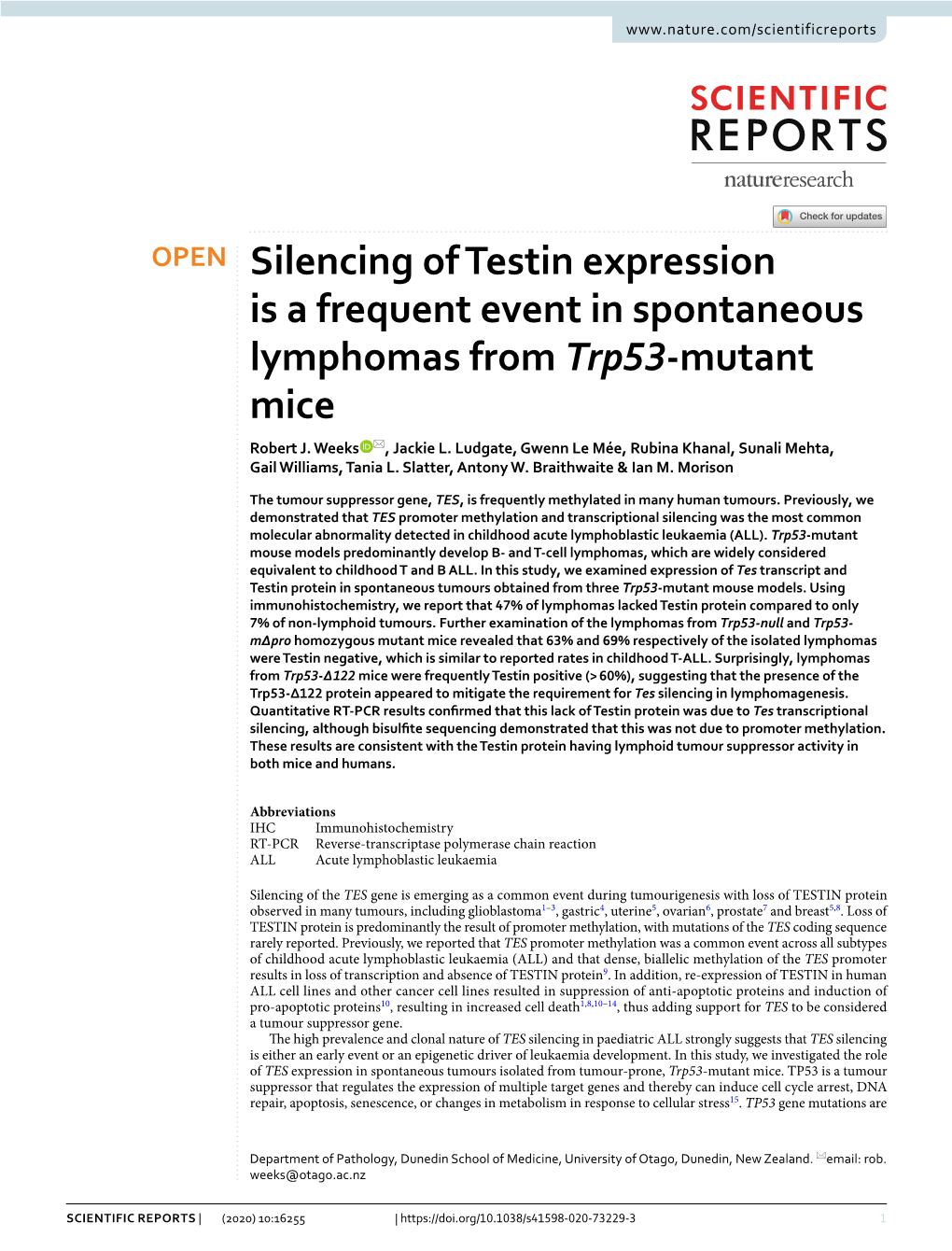 Silencing of Testin Expression Is a Frequent Event in Spontaneous Lymphomas from Trp53‑Mutant Mice Robert J