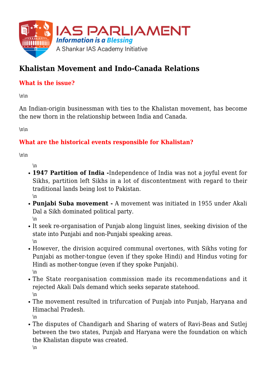 Khalistan Movement and Indo-Canada Relations