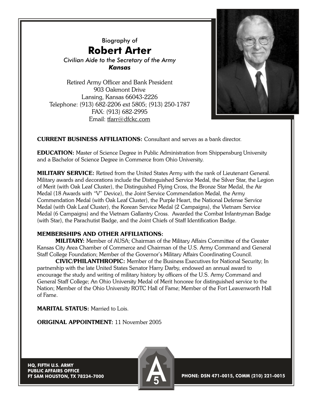 Robert Arter Civilian Aide to the Secretary of the Army Kansas