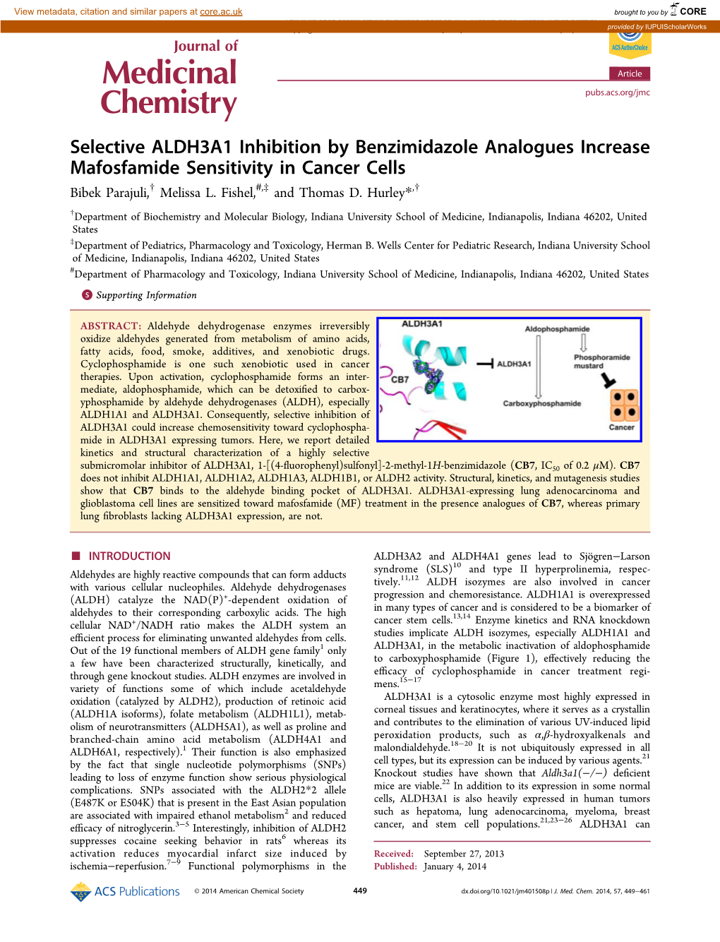 Selective ALDH3A1 Inhibition by Benzimidazole Analogues Increase Mafosfamide Sensitivity in Cancer Cells Bibek Parajuli,† Melissa L