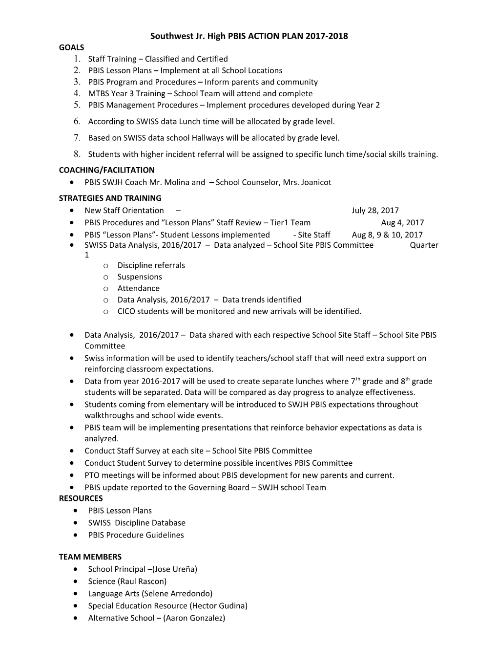 Southwest Jr. High PBIS ACTION PLAN 2017-2018