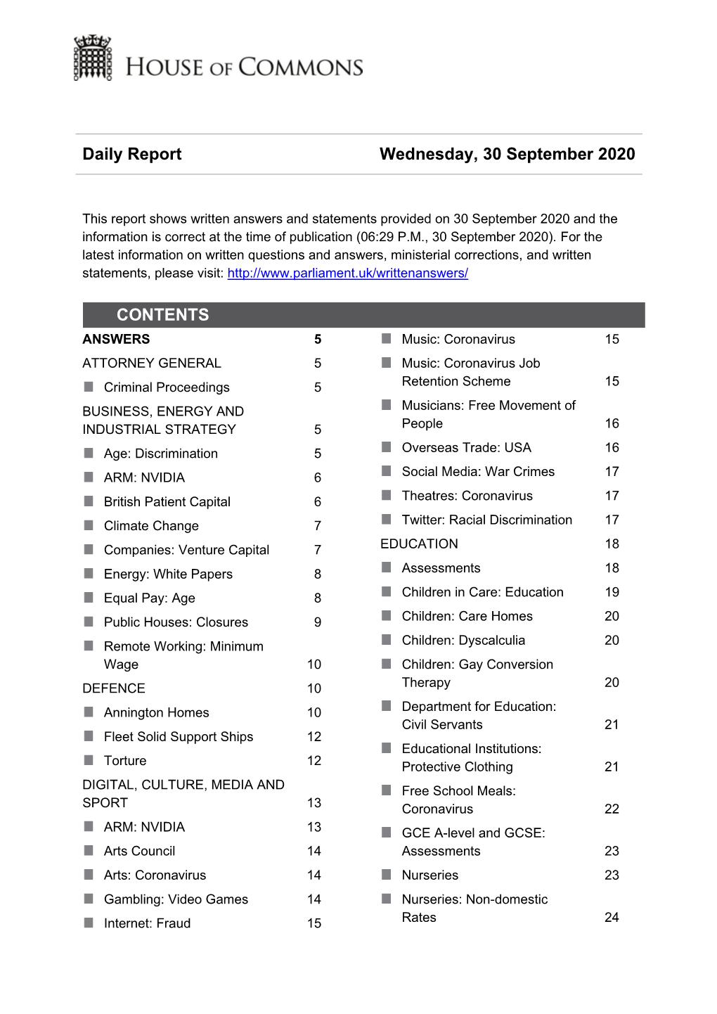 Daily Report Wednesday, 30 September 2020 CONTENTS