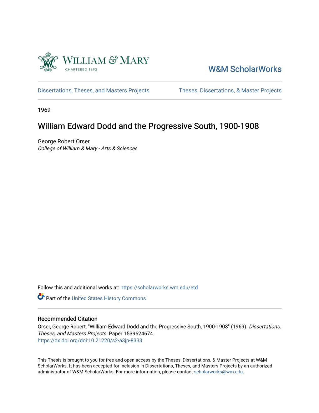 William Edward Dodd and the Progressive South, 1900-1908