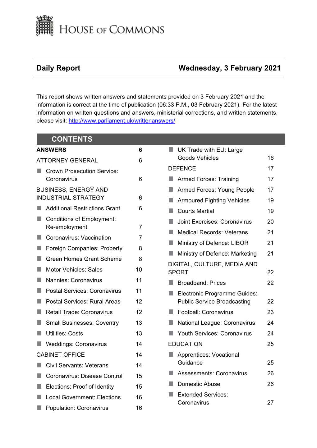 Daily Report Wednesday, 3 February 2021 CONTENTS