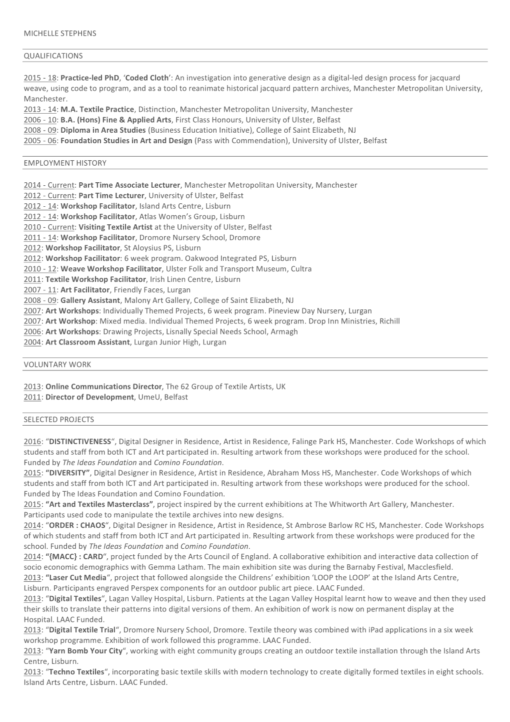 Michelle Stephens Qualifications 2015