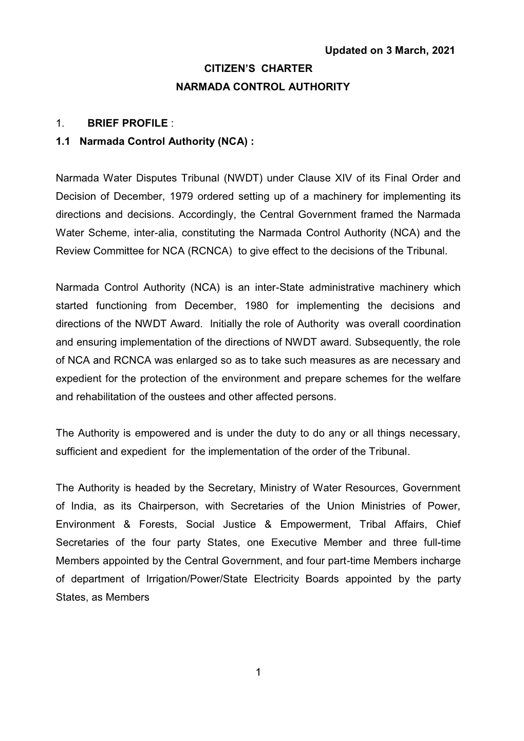 Citizen's Charter of Narmada Control Authority (Nca)