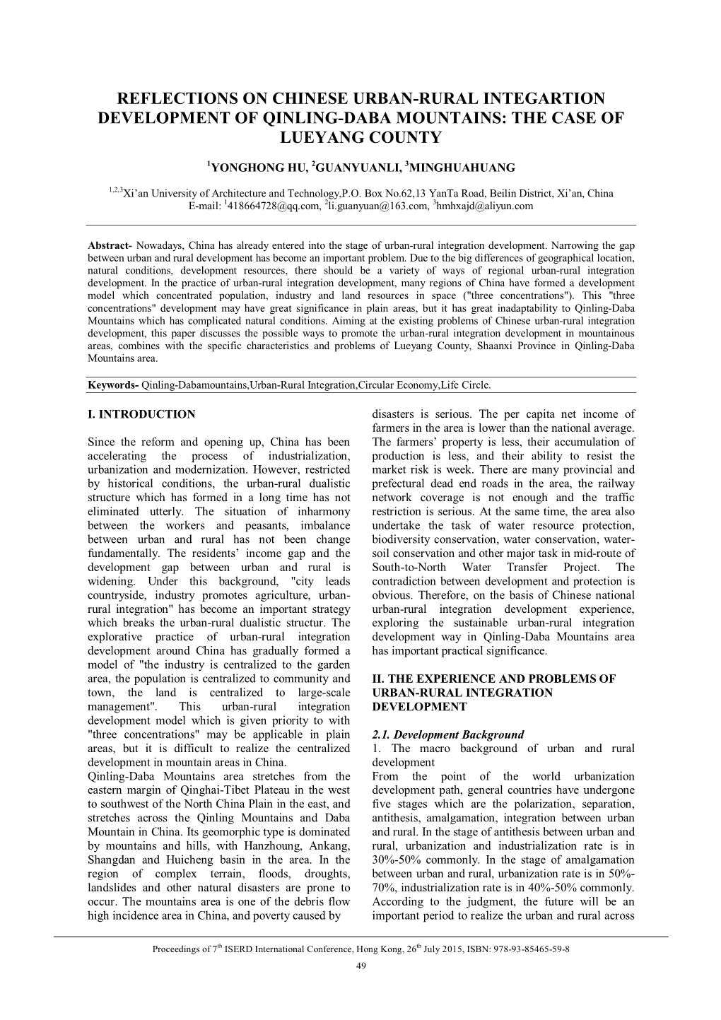 Reflections on Chinese Urban-Rural Integartion Development of Qinling-Daba Mountains: the Case of Lueyang County