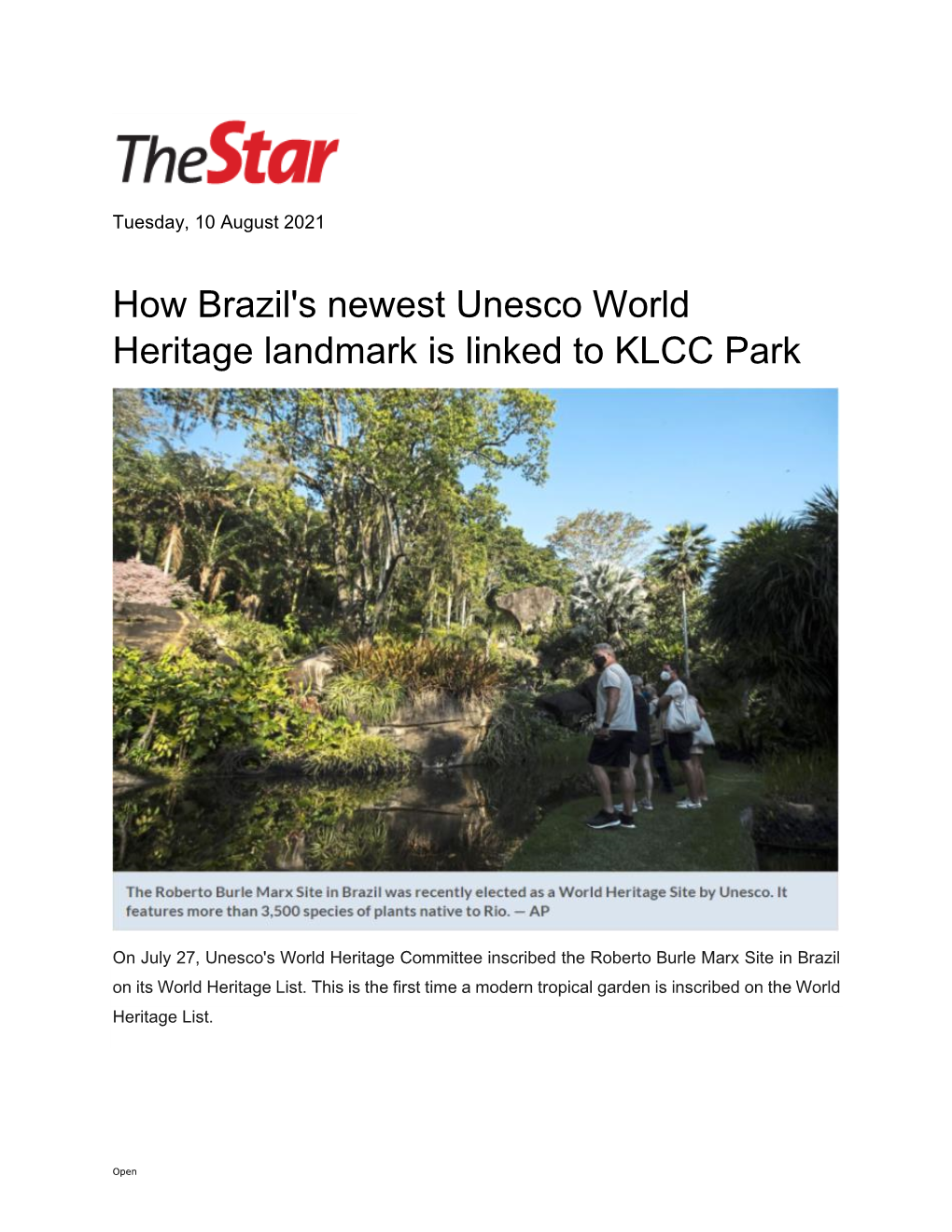 How Brazil's Newest Unesco World Heritage Landmark Is Linked to KLCC Park