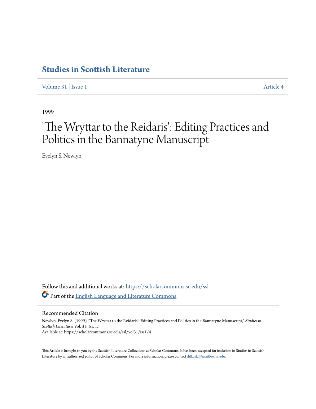 Editing Practices and Politics in the Bannatyne Manuscript Evelyn S