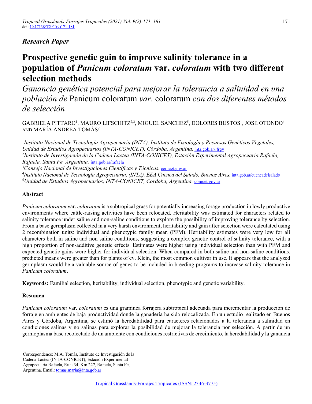 Prospective Genetic Gain to Improve Salinity Tolerance in a Population of Panicum Coloratum Var