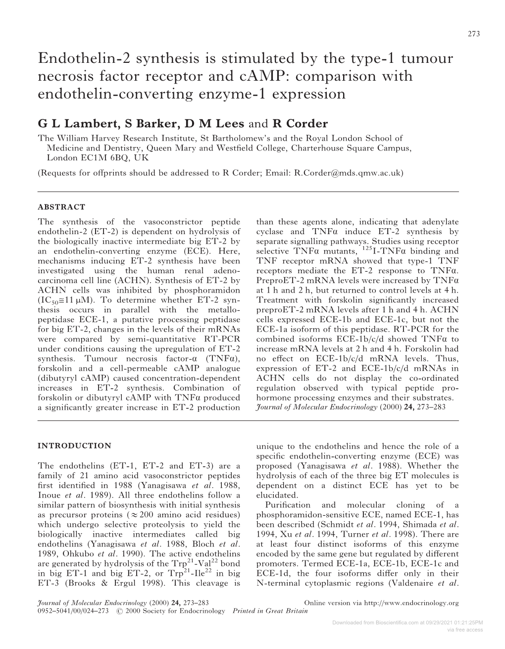 Endothelin-2 Synthesis Is Stimulated by the Type-1 Tumour Necrosis Factor Receptor and Camp: Comparison with Endothelin-Converting Enzyme-1 Expression